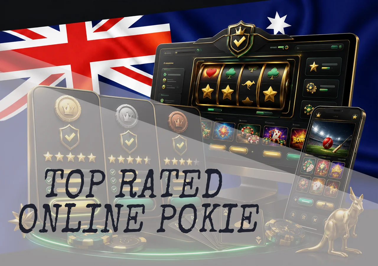 Ranking of top Australian online pokie platforms with site cards, ratings, and security symbols