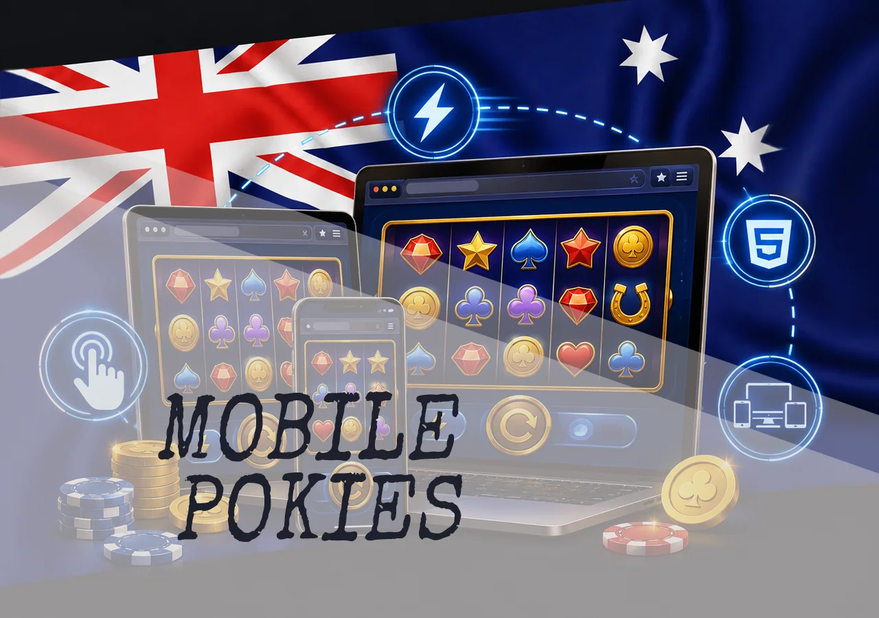 Mobile play of free pokies in Australia on smartphone, tablet, and laptop without app download